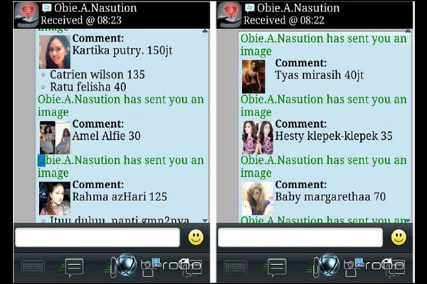 daftar diduga prostitusi artis mucikari RA alias Obbie yang beredar di BBM